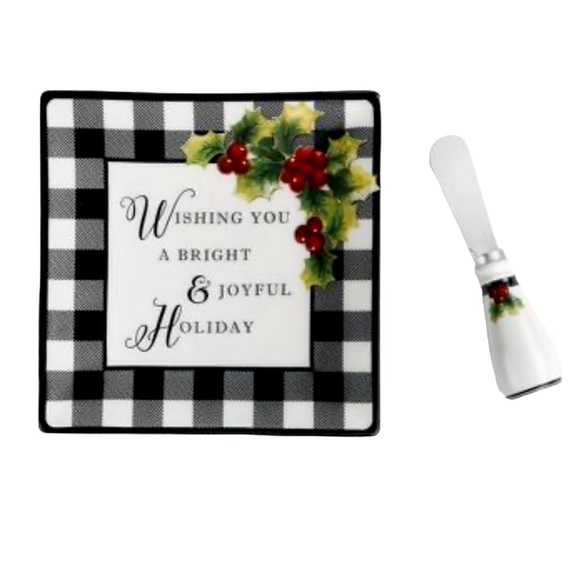 DEMDACO CHRISTMAS Holiday Merry & Bright Cheese Appetizer Plate w Spreader- NEW! - Picture 1 of 3